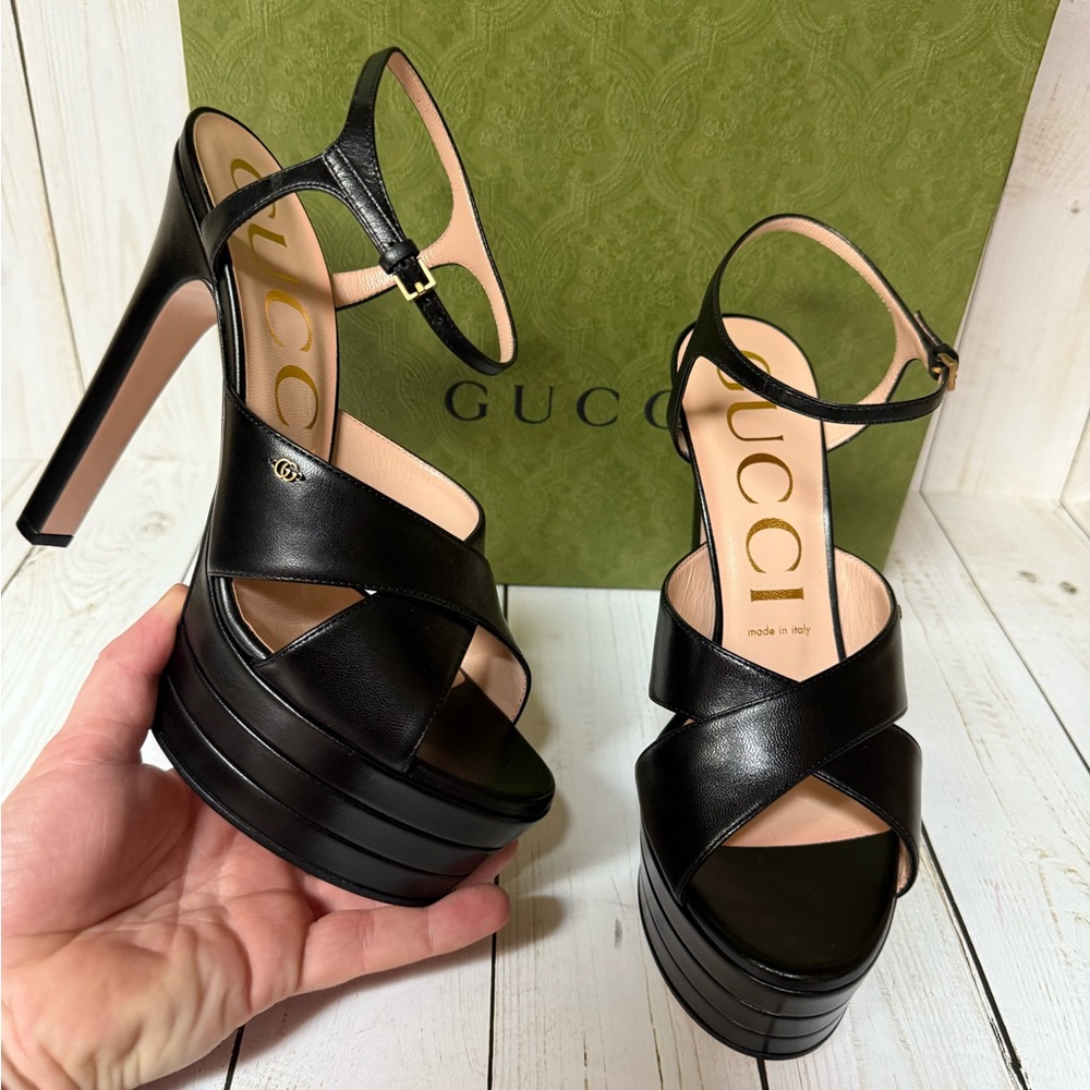 Gucci GG Malaga Kid Leather Platform Sandals Black Sz 40 / 10 - Picture 5 of 16
